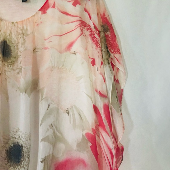 Silk Blouse Flower Print Pink White Size Large Butterfly Sleeve - Picture 4 of 10